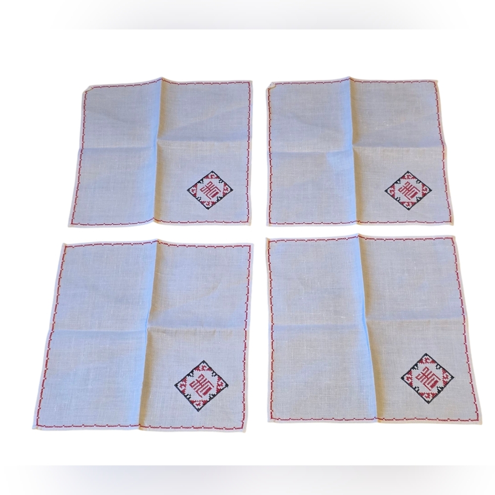 Vintage Handmade Chinese Crossstich Napkins Set Of 4  White, Black & Red 10.5" - Picture 4 of 5